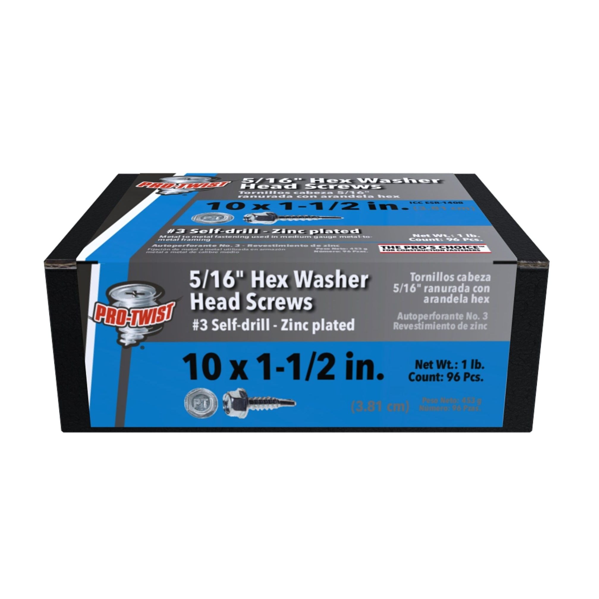 A box of PRO-TWIST NHWD101121 screws is shown, featuring 96 zinc-plated #10 x 1-1/2 self-drill screws with 5/16 hex washer heads, weighing 1 lb.
